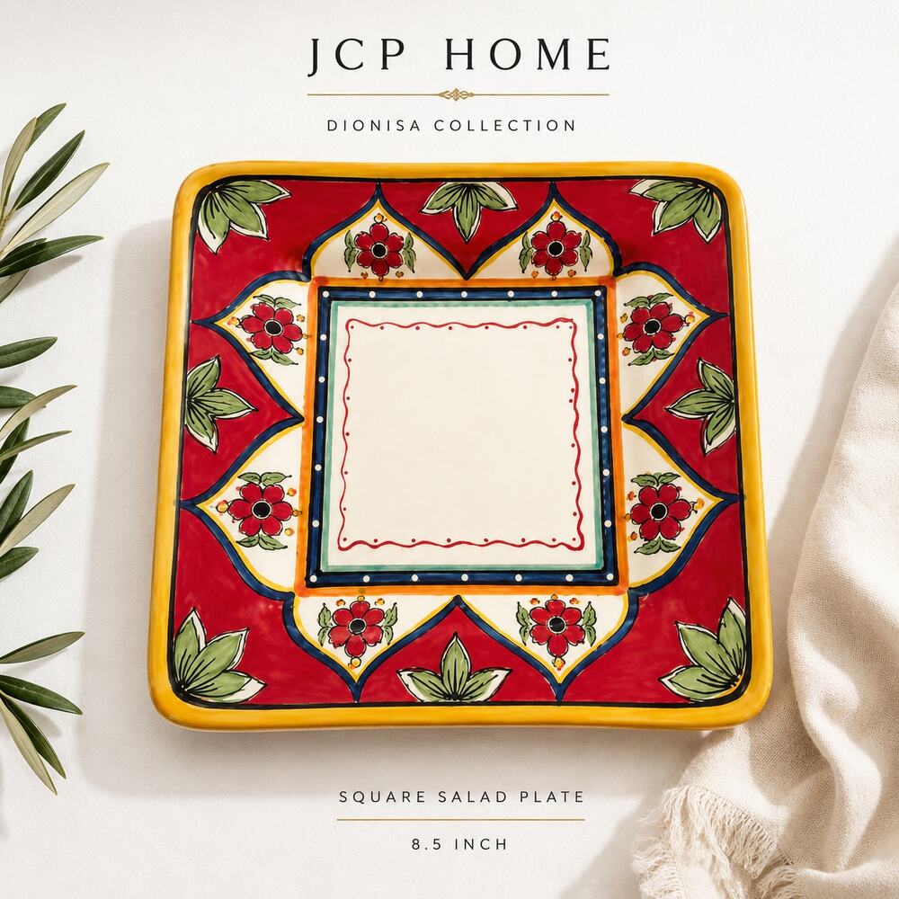 JCP Home Dionisa Red Floral Mediterranean Square Salad Plate Earthenware 8.5